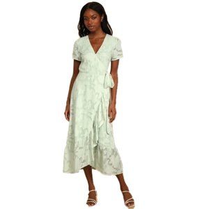 🆕 LULU’S Blissfully Sage Green Jacquard Short Sleeve Wrap Midi Dress SIZE XL